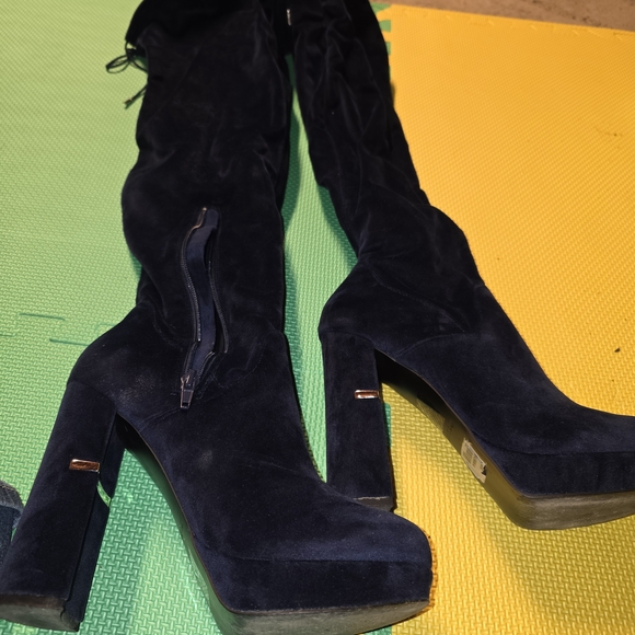 Call It Spring Shoes - Blue Velvet Chunky Heeled Thigh High Boots "Call It Spring" "Valerana"